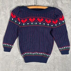 Vintage GAS Co Navy Blue Heart Fair Isle Knit Sweater Girls Size 6 Pullover USA